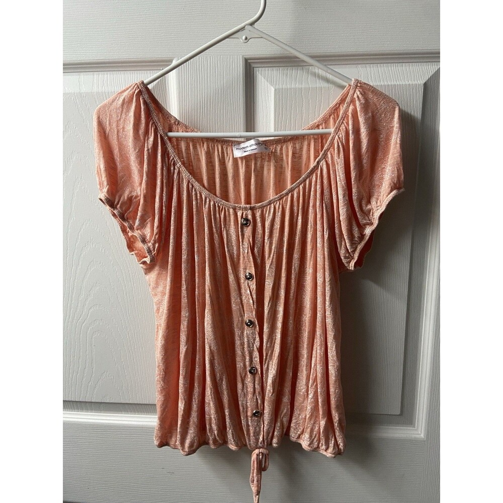 Modern Attraction Babydoll Top womens Large Peach White Floral Knit Stretch fron